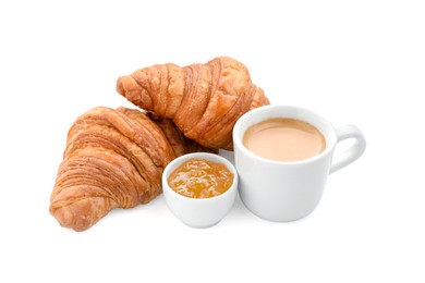 Photo of Fresh croissants, jam and coffee isolated on white. Tasty breakfast