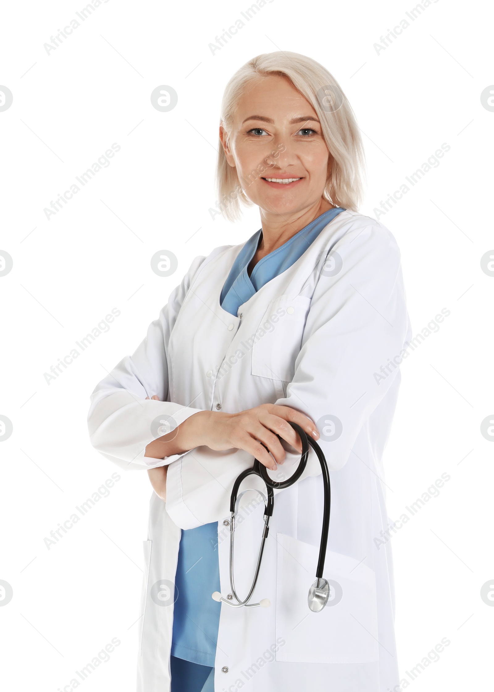 Photo of Portrait of female doctor isolated on white. Medical staff