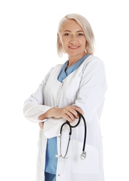 Photo of Portrait of female doctor isolated on white. Medical staff