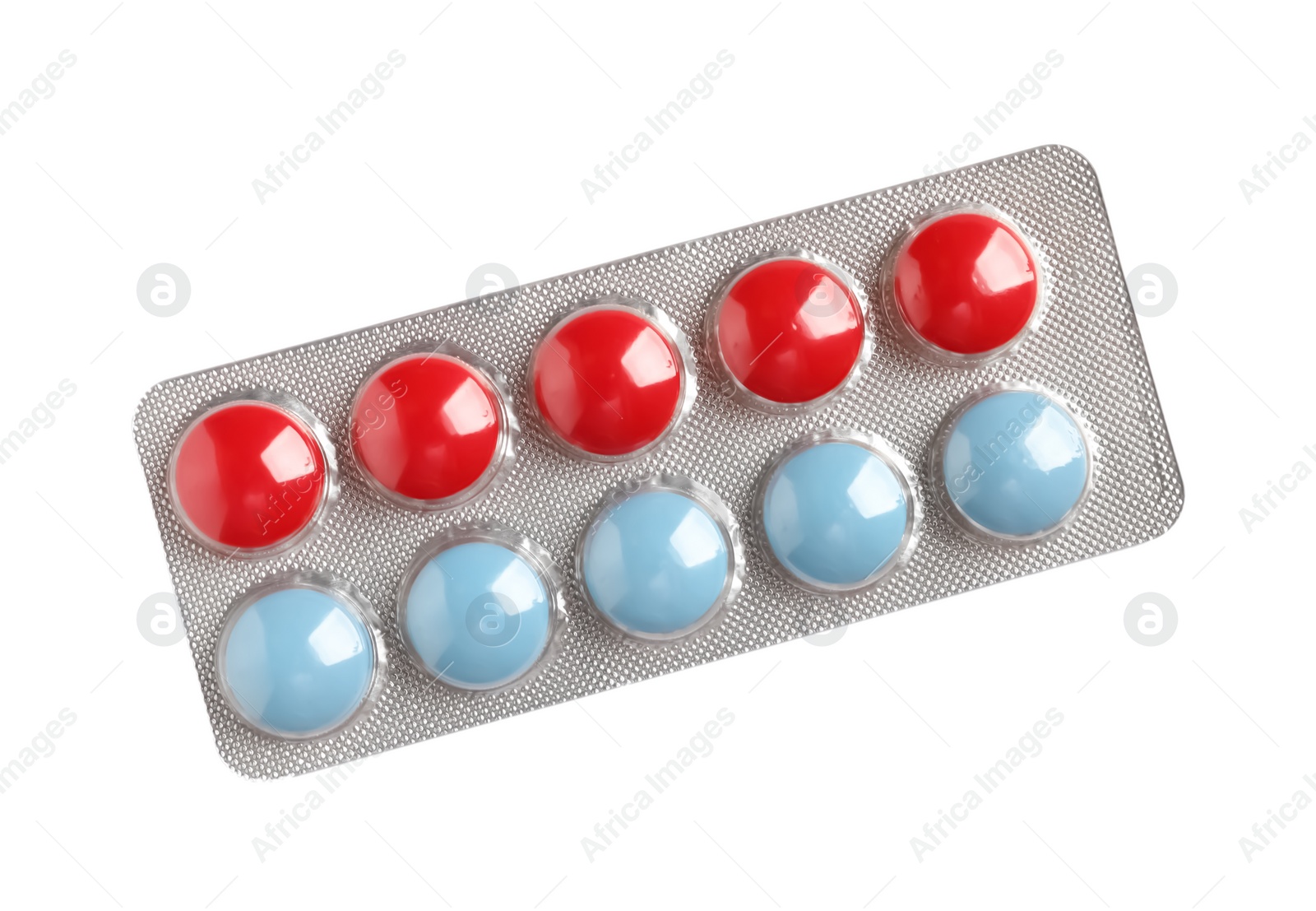 Photo of Blister with bright pills isolated on white, top view