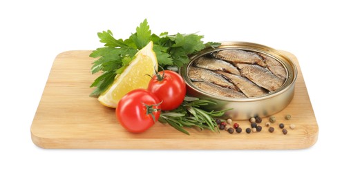 Photo of Board with canned sprats, herbs, peppercorns, tomatoes and slice of lemon isolated on white background