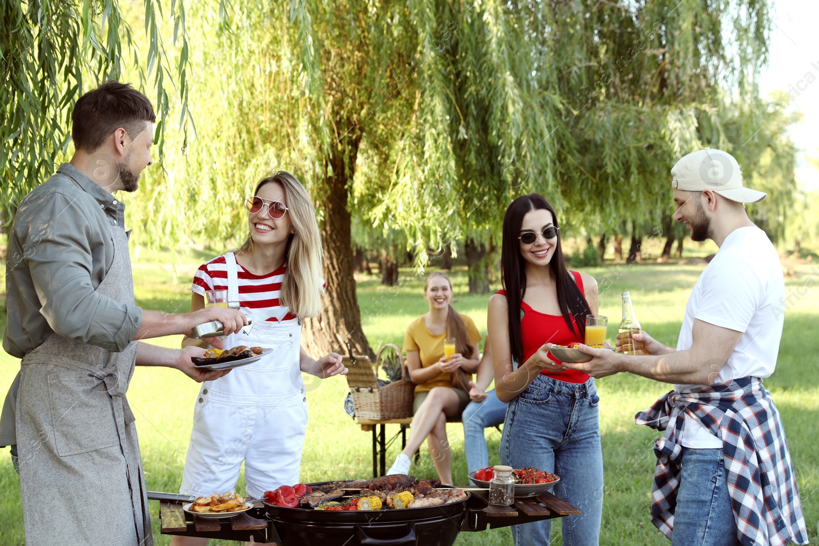 Photo of Group of friends having barbecue party in park