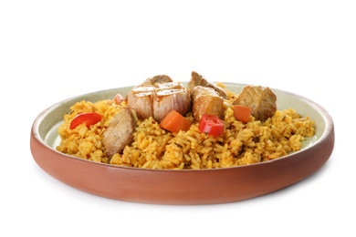 Plate with rice pilaf and meat on white background