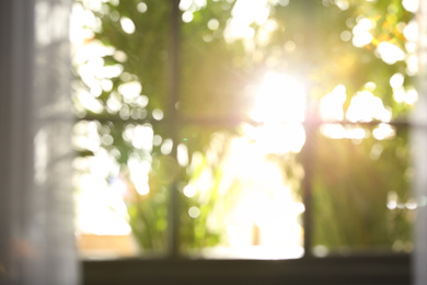 Blurred view through window on garden in morning