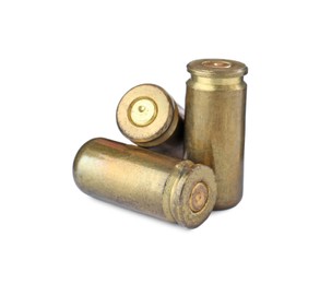 Photo of Cartridge cases isolated on white. Firearm ammunition