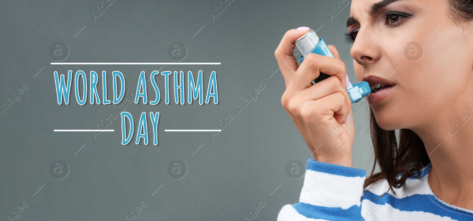 Image of World asthma day. Young woman using inhaler on grey background, banner design