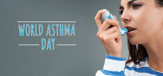 Image of World asthma day. Young woman using inhaler on grey background, banner design