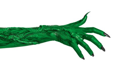 Image of Creepy monster. Green hand with claws isolated on white