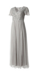 Photo of Beautiful long light grey party dress with paillettes on white background