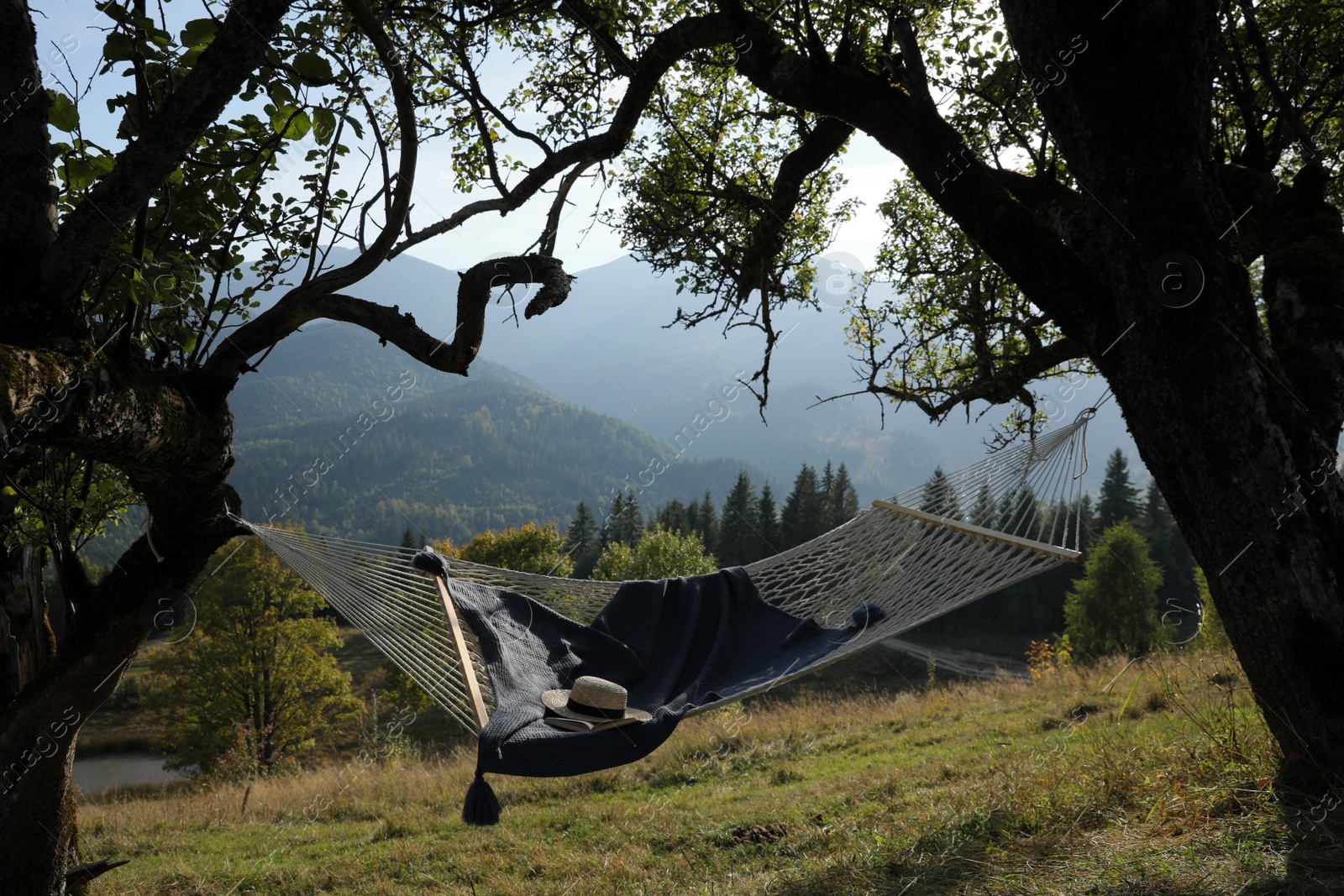 Photo of Comfortable net hammock with hat, book and blanket in mountains on sunny day