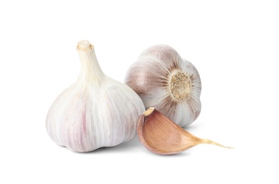 Photo of Fresh organic garlic bulbs and clove on white background