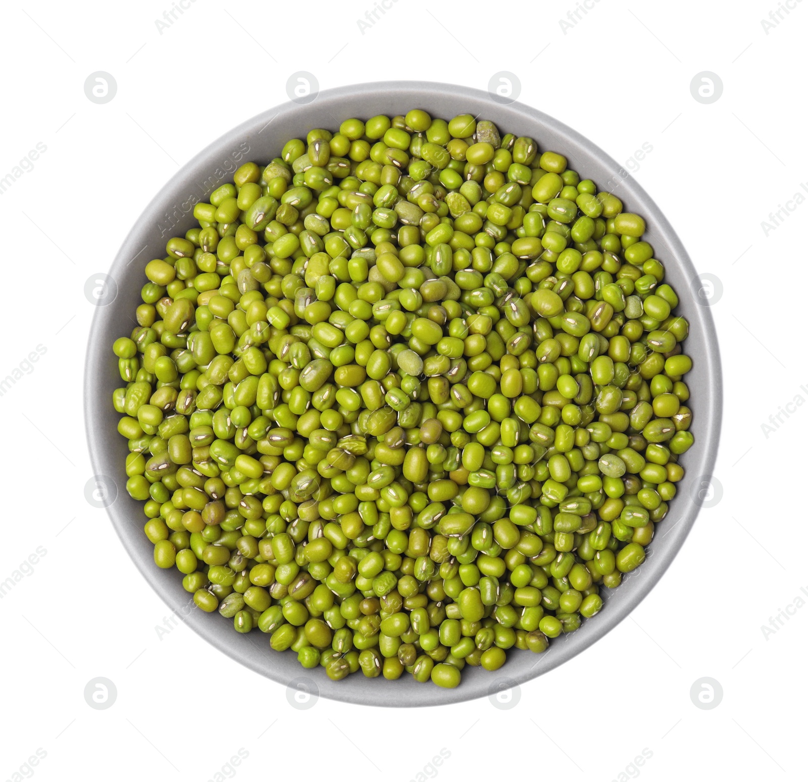 Photo of Bowl with green mung beans isolated on white, top view