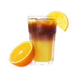 Tasty refreshing drink with coffee and orange juice on white background