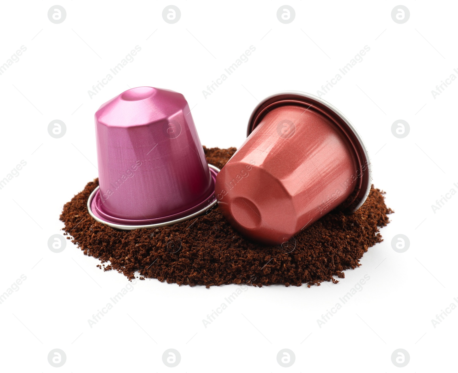 Photo of Coffee capsules and powder isolated on white