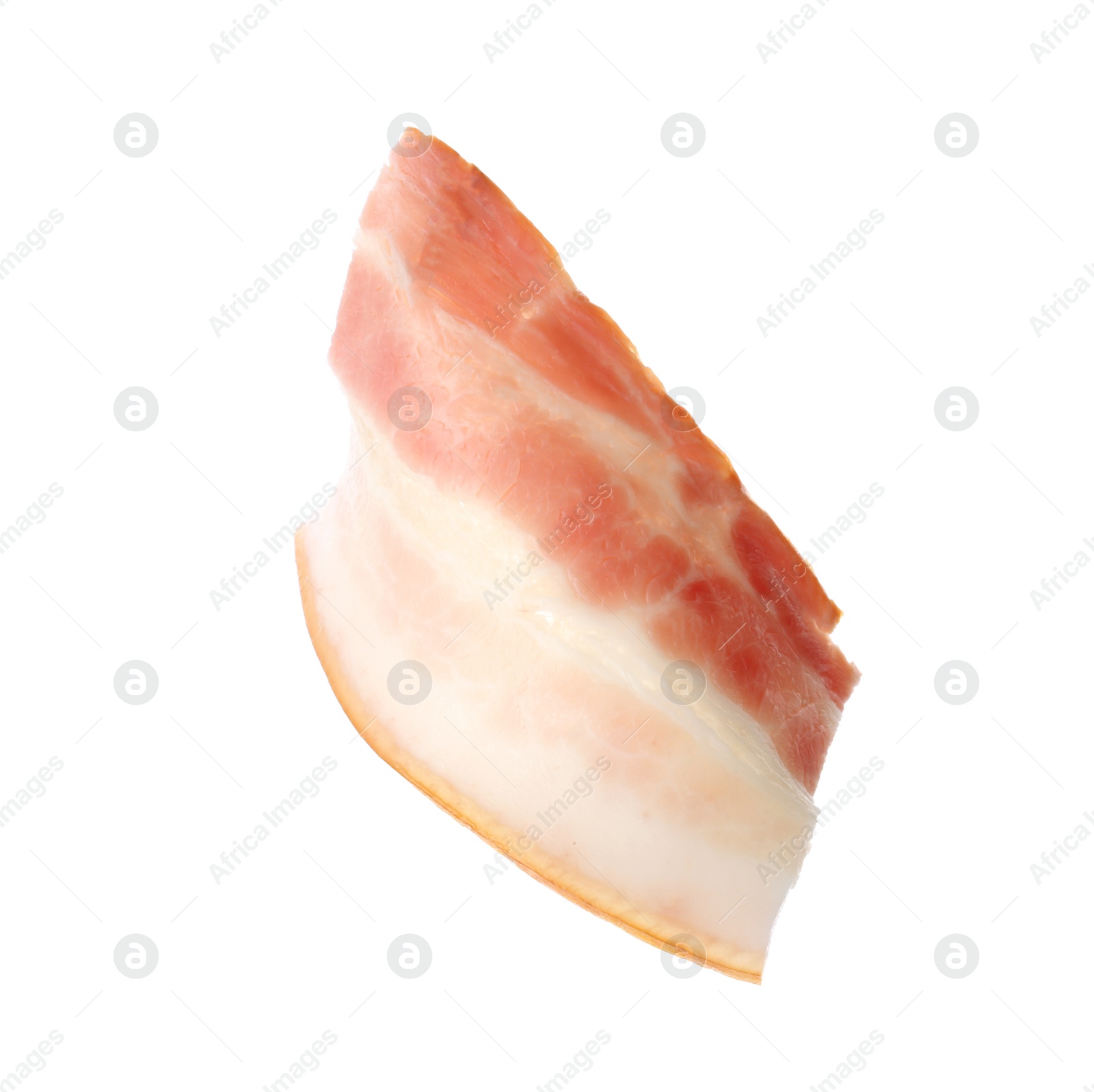 Photo of Slice of raw bacon on white background