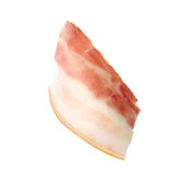 Photo of Slice of raw bacon on white background