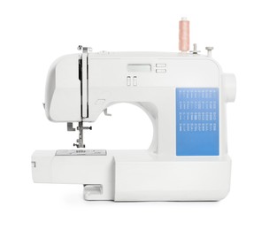 Photo of Modern sewing machine with pink thread isolated on white