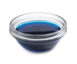 Photo of Glass bowl with blue food coloring isolated on white