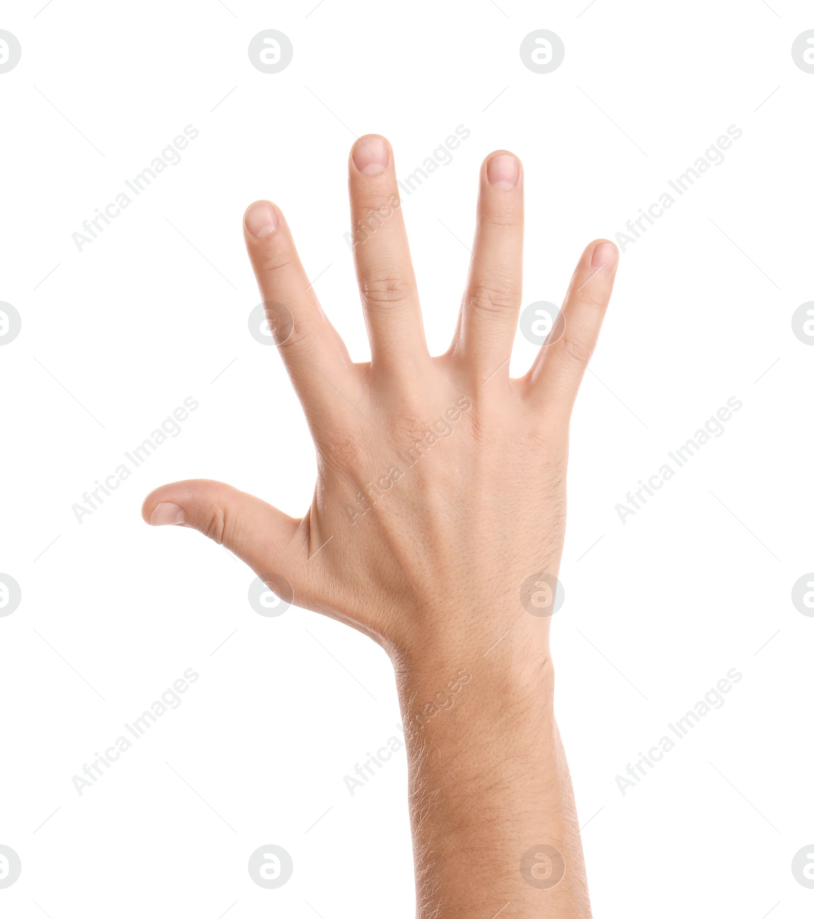 Photo of Man showing hand on white background, closeup