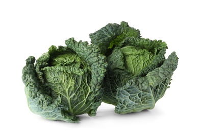 Photo of Fresh green savoy cabbages on white background