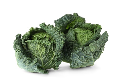 Fresh green savoy cabbages on white background