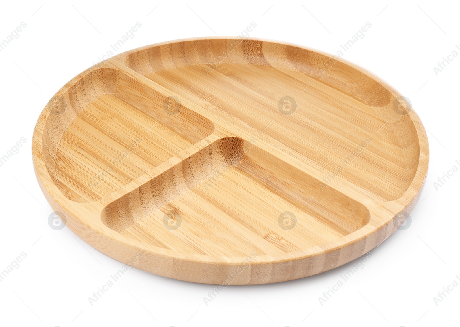 Photo of New wooden compartment tray on white background