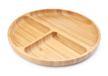 Photo of New wooden compartment tray on white background