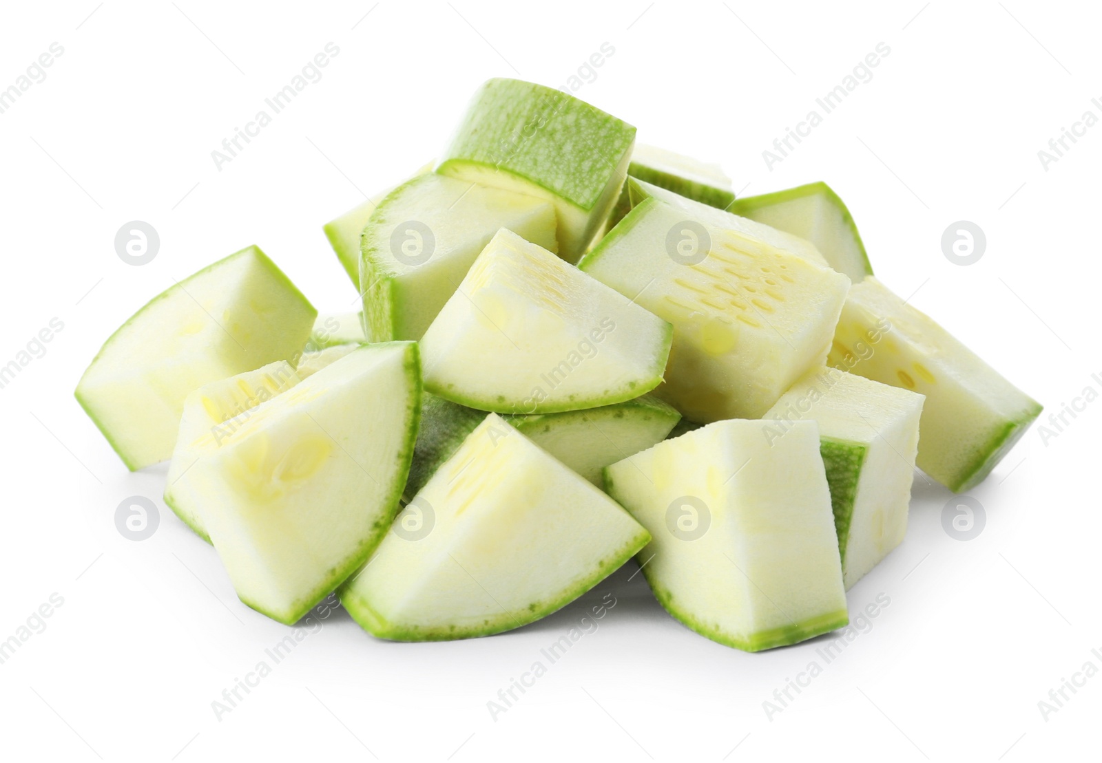 Photo of Pieces of ripe zucchini on white background