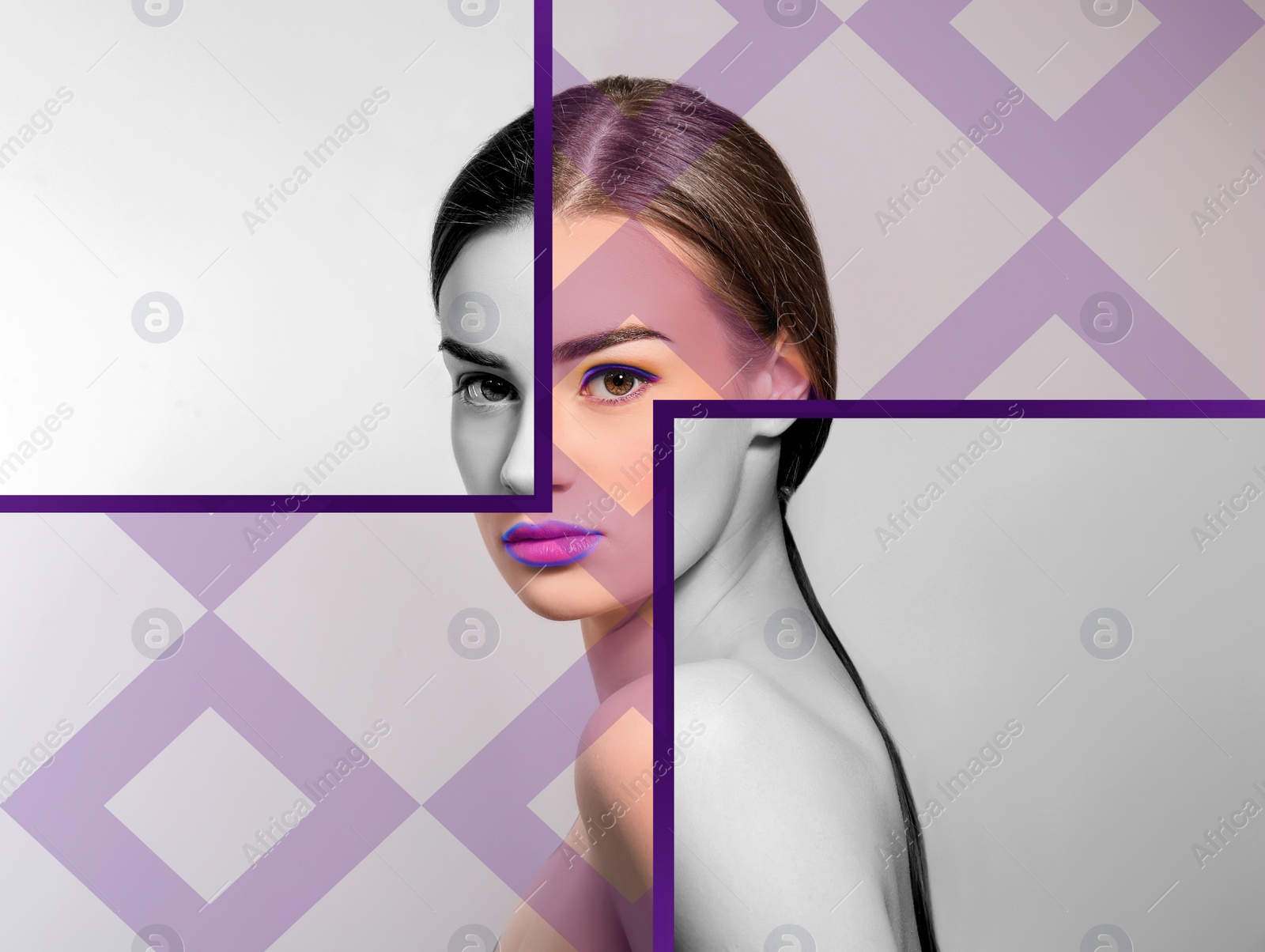 Image of Beautiful young model on color background. Contemporary art 