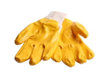 Photo of Pair of yellow gardening gloves on white background