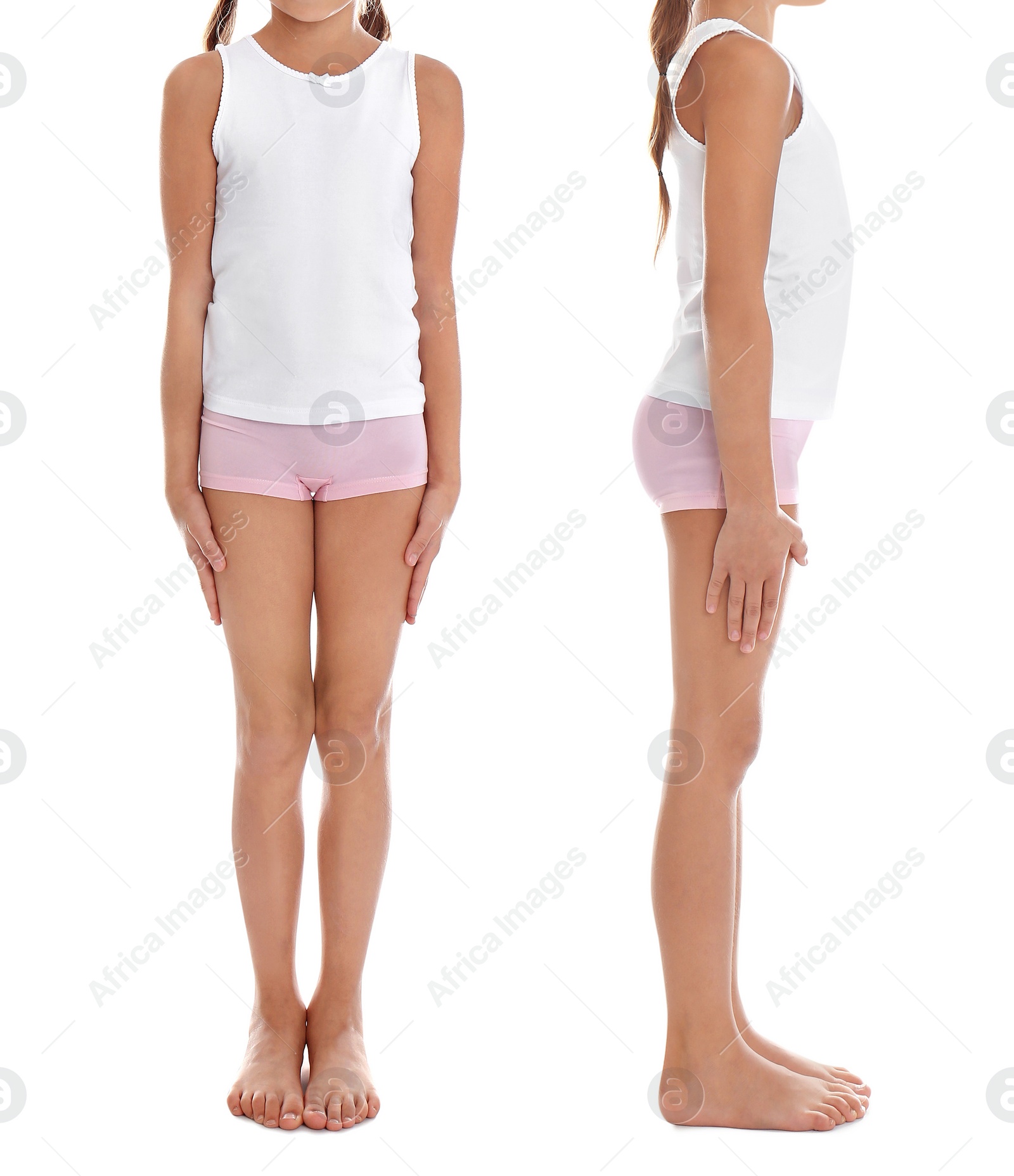 Image of Collage of little girl in underwear on white background