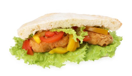 Photo of Delicious pita sandwich with fried fish, pepper, tomatoes and lettuce isolated on white