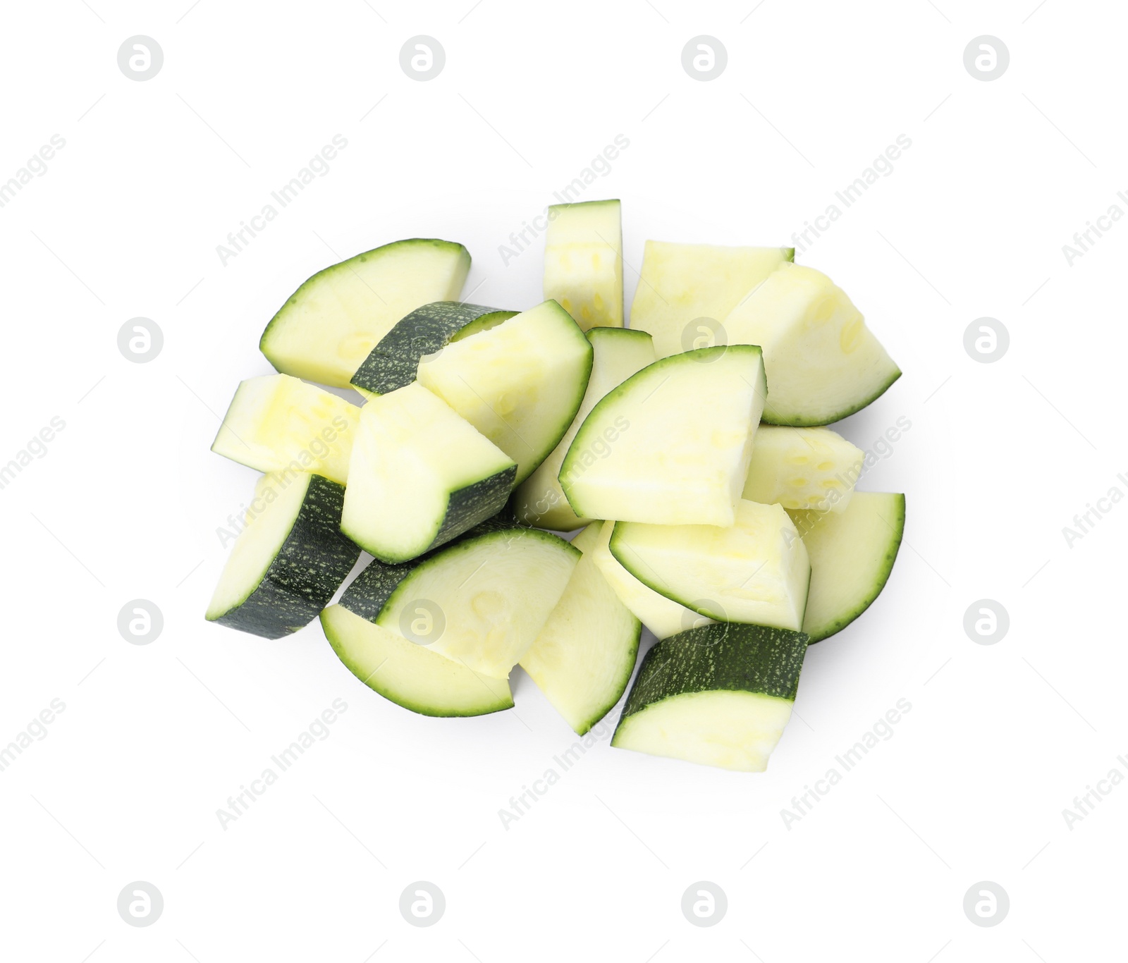 Photo of Pieces of ripe zucchini on white background, top view