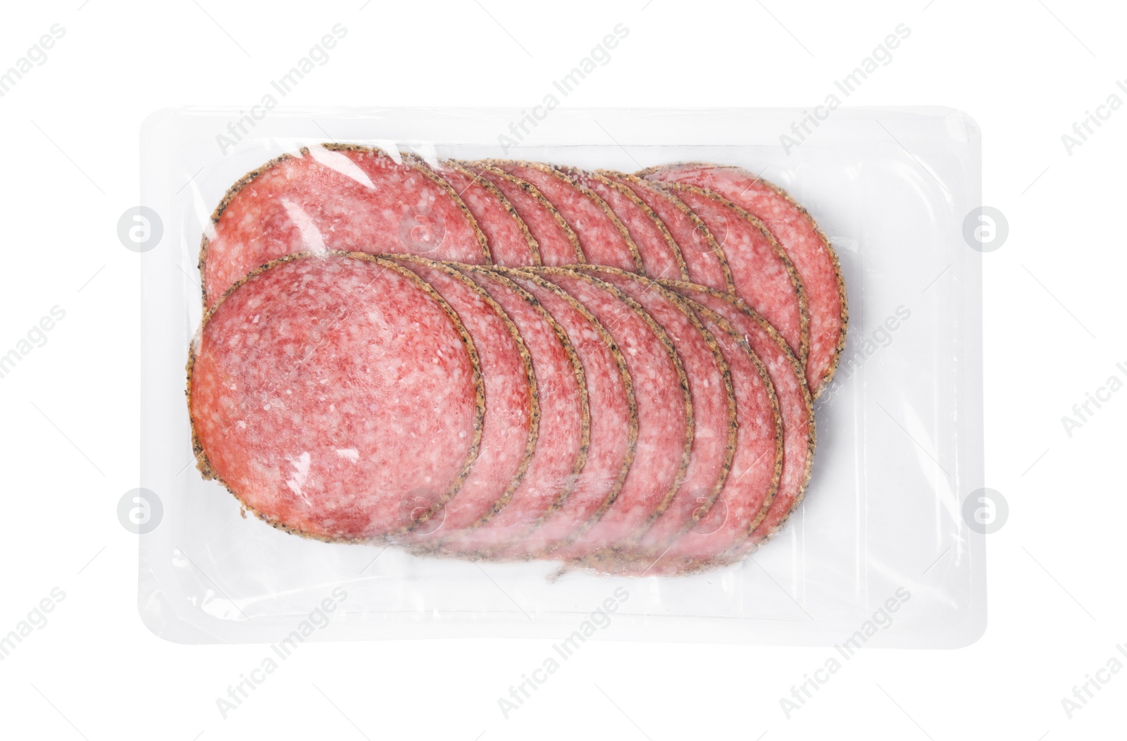 Photo of Slices of tasty sausage on white background, top view