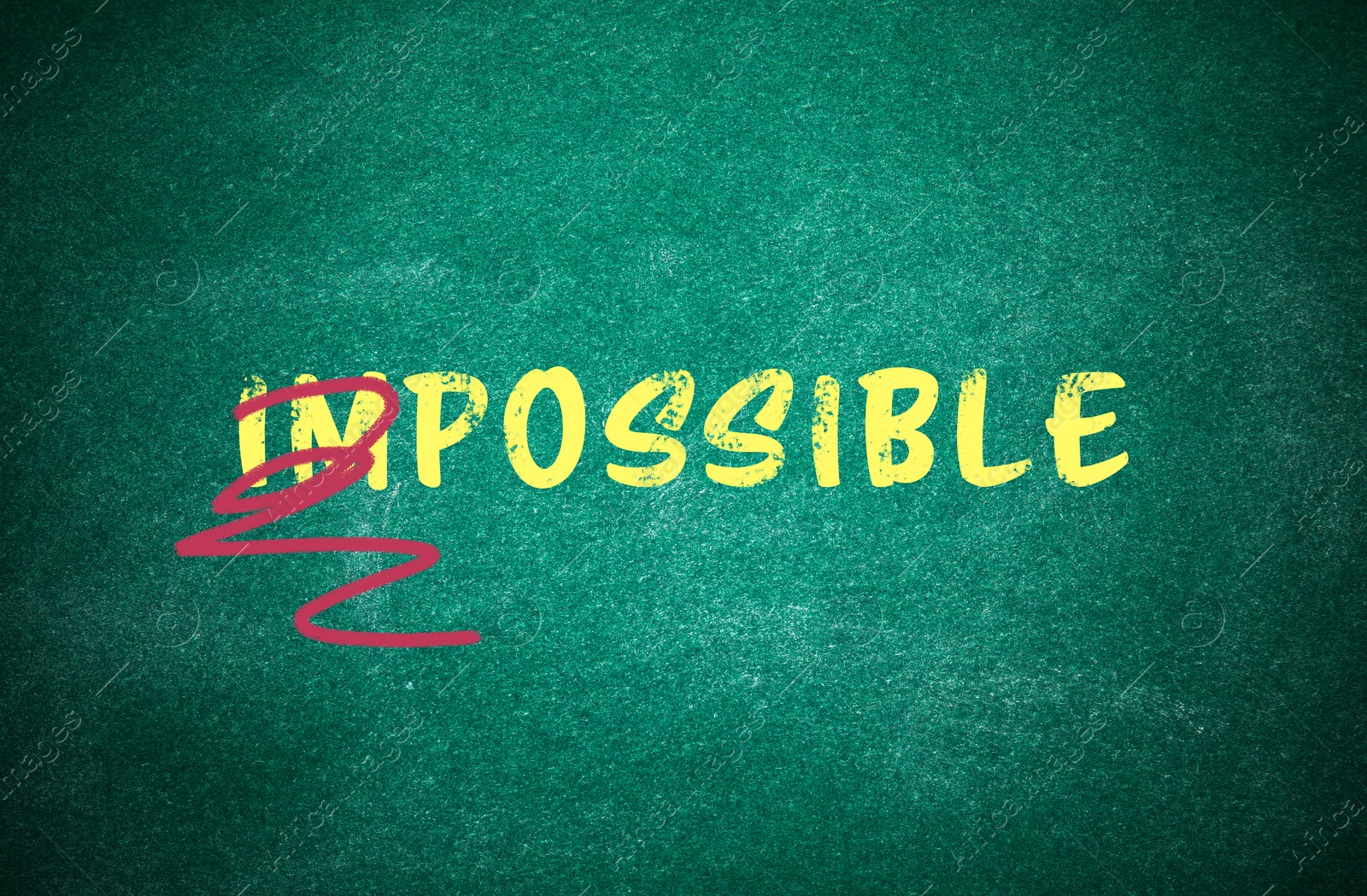 Image of Word IMPOSSIBLE with crossed out letters IM written on green chalkboard. Motivation and positivity