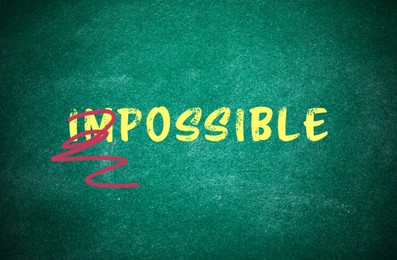Image of Word IMPOSSIBLE with crossed out letters IM written on green chalkboard. Motivation and positivity