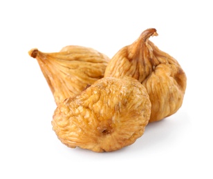 Tasty dried fig fruits on white background