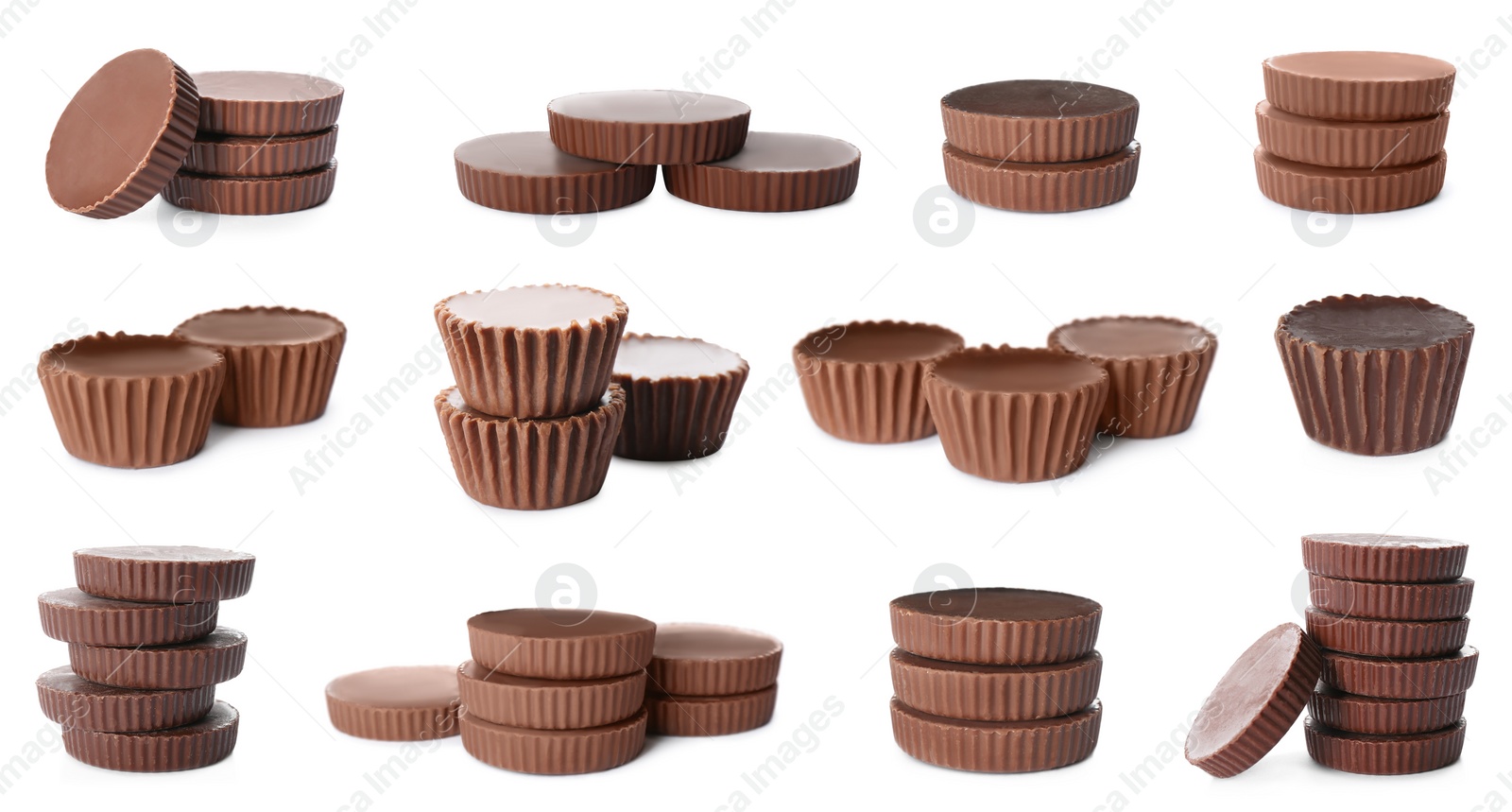 Image of Set with delicious peanut butter cups on white background. Banner design
