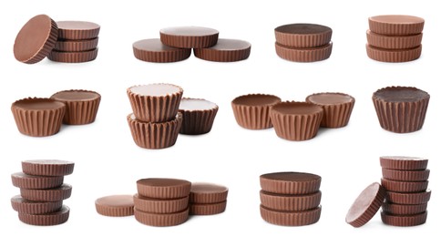 Set with delicious peanut butter cups on white background. Banner design