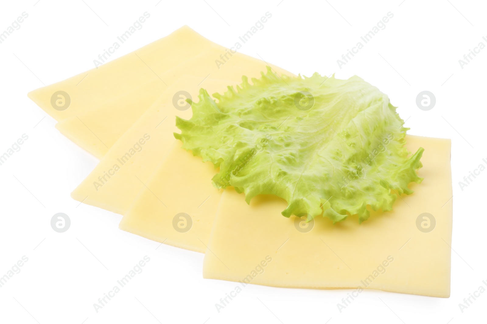 Photo of Slices of tasty fresh cheese and lettuce isolated on white