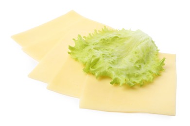 Slices of tasty fresh cheese and lettuce isolated on white