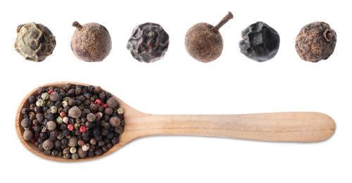 Image of Set of different peppercorns on white background, top view. Banner design