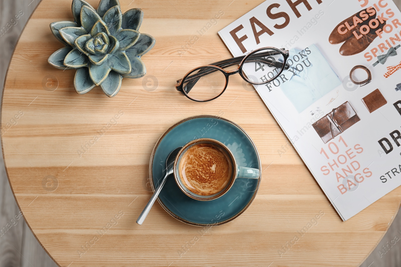 Photo of Creative flat lay composition with delicious hot coffee on table