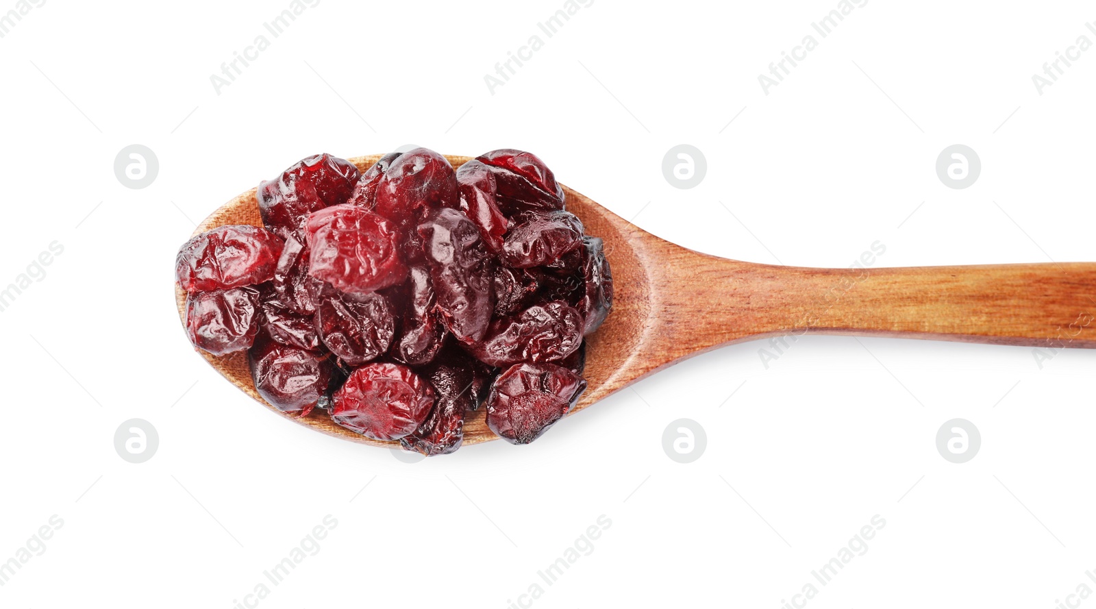 Photo of Spoon with dried cranberries isolated on white, top view