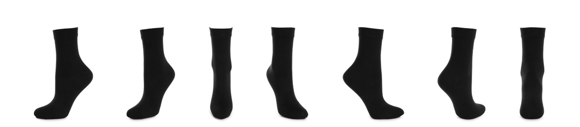 Image of Set with black socks on white background. Banner design