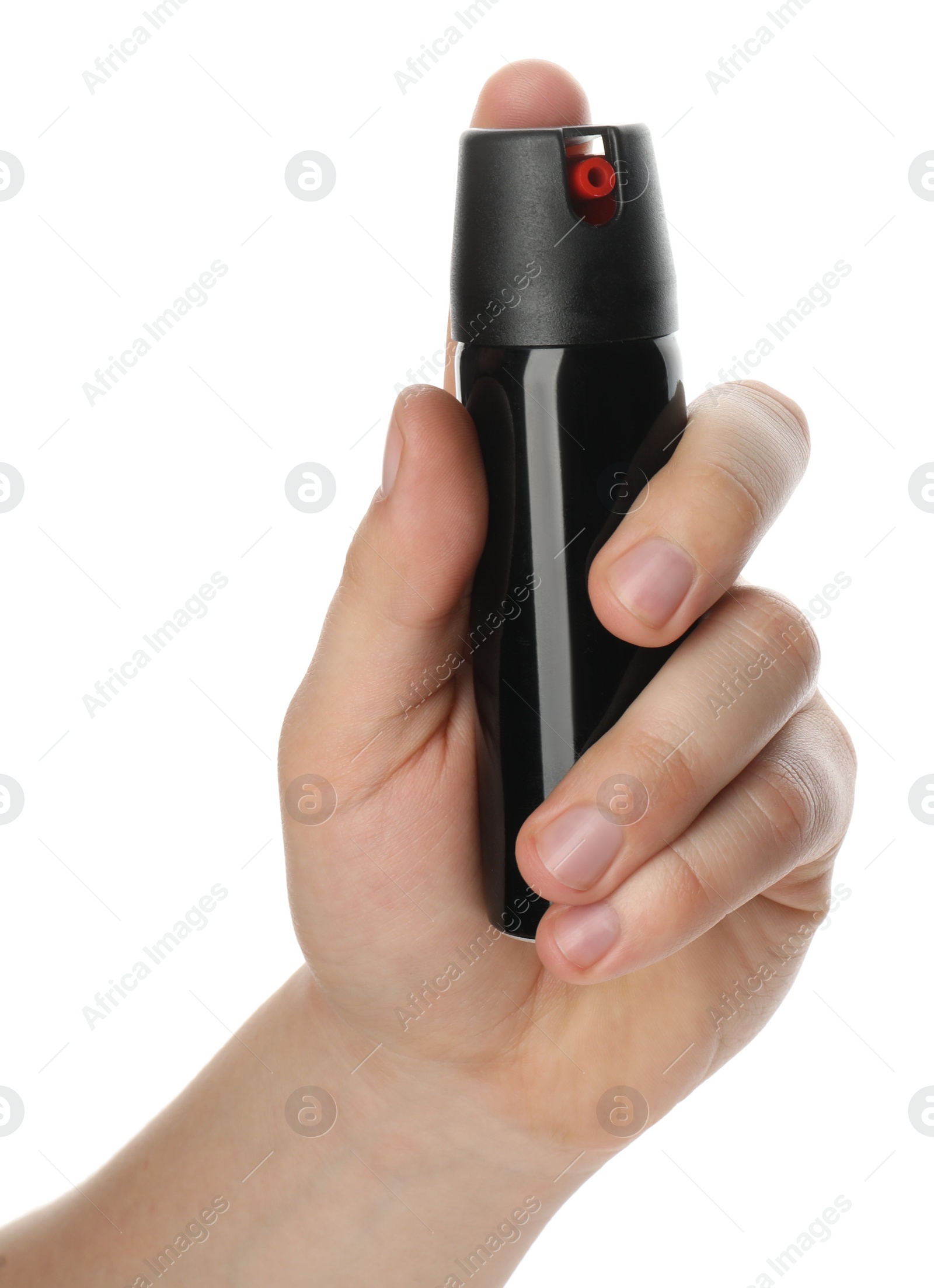 Photo of Man holding pepper spray on white background, closeup