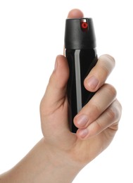 Photo of Man holding pepper spray on white background, closeup