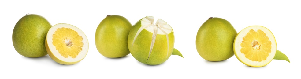 Image of Set of fresh exotic pomelo fruits on white background. Banner design