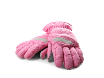 Photo of Pair of pink ski gloves isolated on white. Winter sports clothes