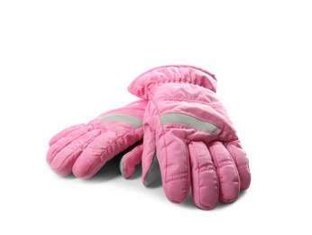 Pair of pink ski gloves isolated on white. Winter sports clothes